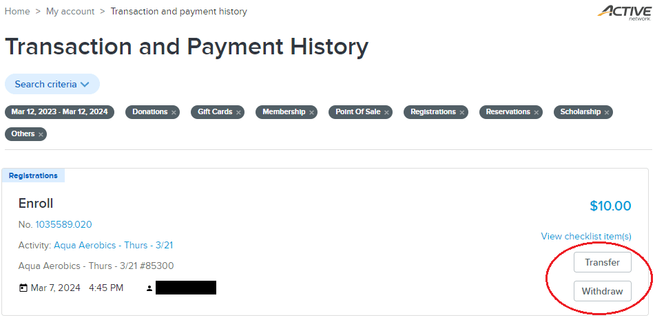 registration page to withdrawal and transfer